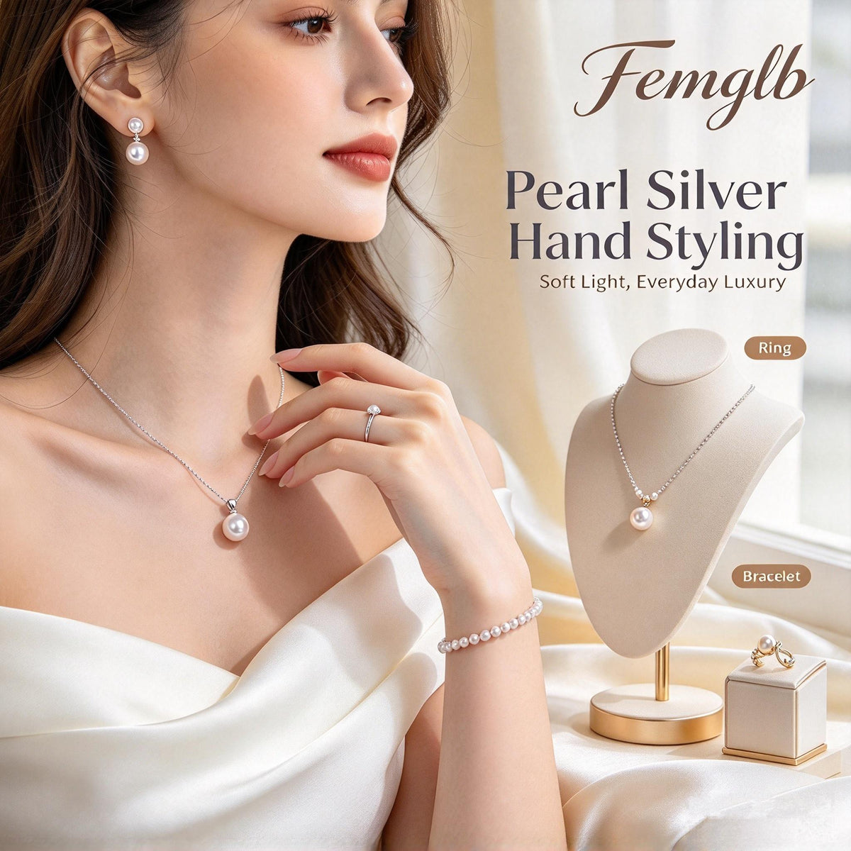 🤍Femglb Pearl Silver Essentials, Elegant Freshwater Pearl Jewelry Set, Dainty Necklace Drop Earrings Ring for Women, Timeless Everyday Luxury Jewellery