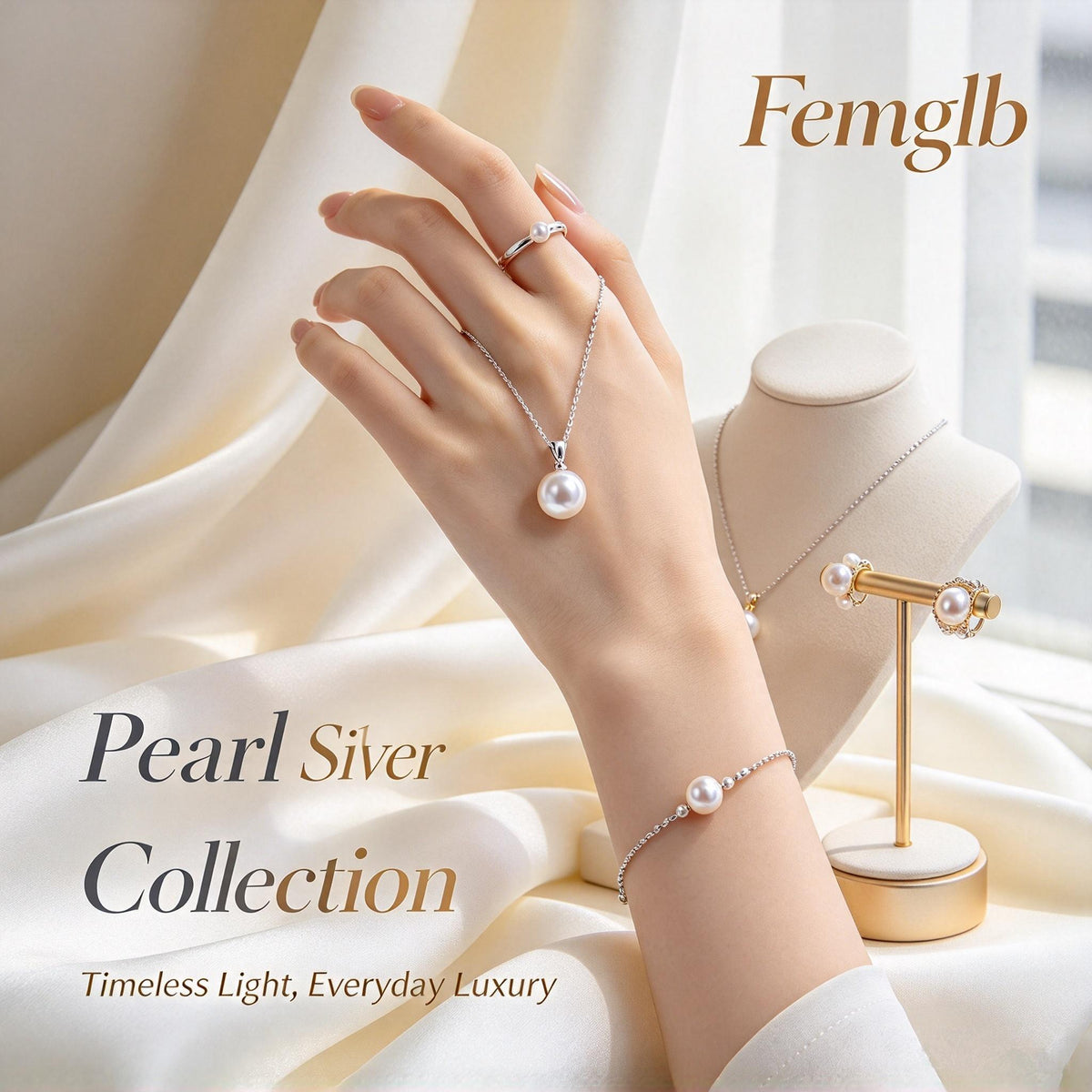 ✨Femglb Pearl Silver Jewelry Collection, Elegant Freshwater Pearl Necklace Ring Bracelet Earrings Set, Timeless Daily Wear Pearl Jewellery for Women Gift