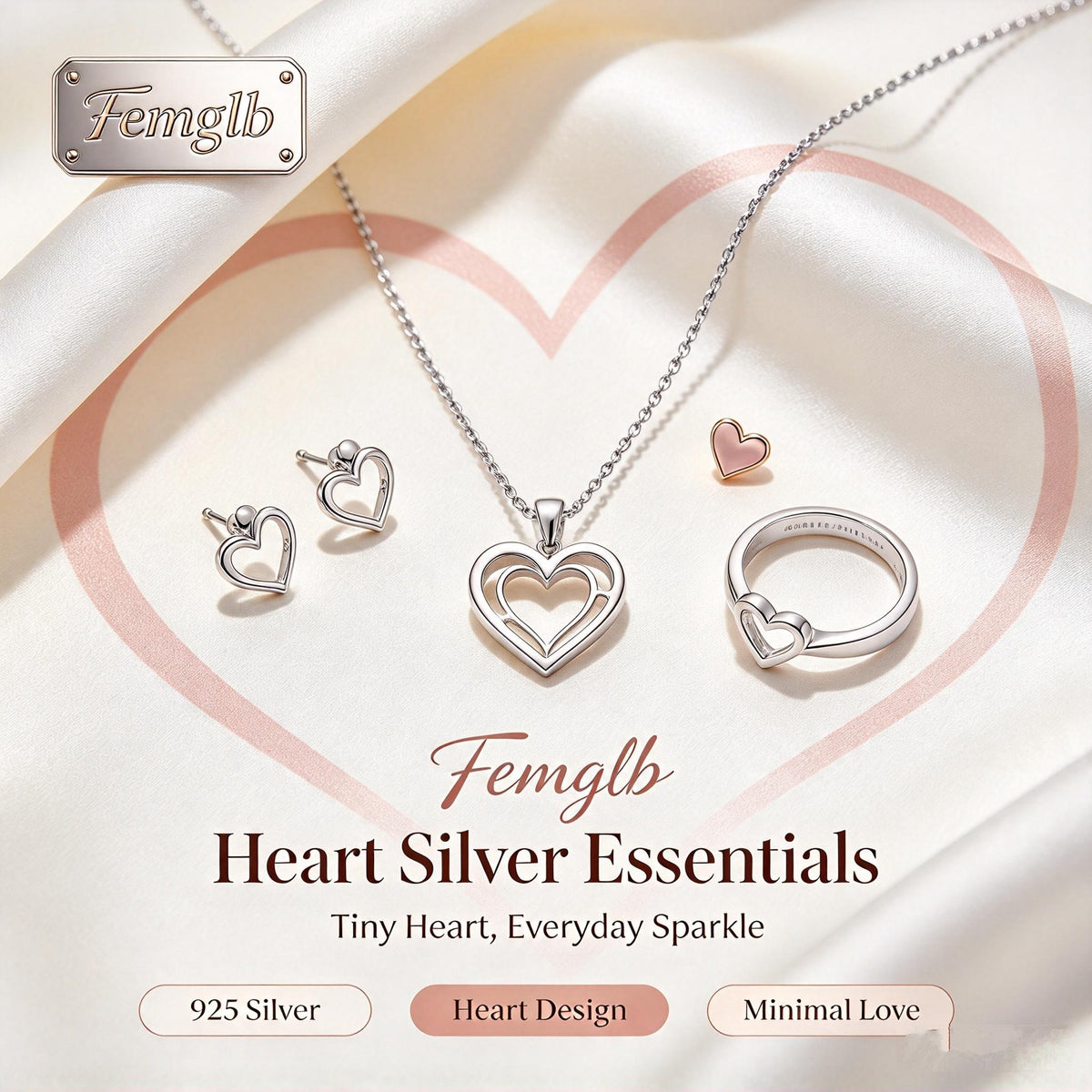 šFemglb Heart Silver Essentials 925 Silver Jewelry Set, Hollow DoubleāHeart Pendant Necklace Stud Earrings Ring, Minimal Love Dainty Jewellery for Women