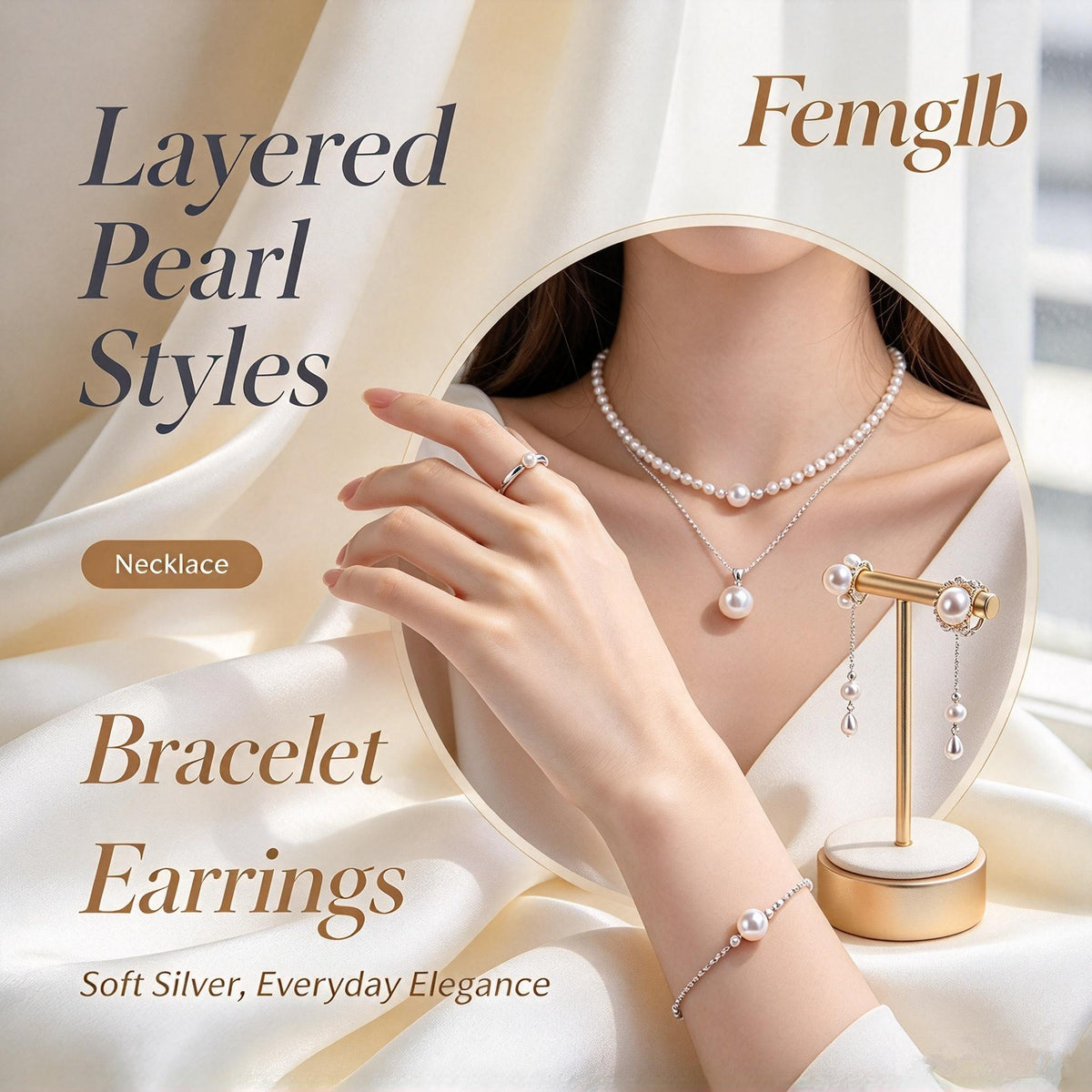 ✨Femglb Pearl Silver Jewelry Collection, Elegant Freshwater Pearl Necklace Ring Bracelet Earrings Set, Timeless Daily Wear Pearl Jewellery for Women Gift