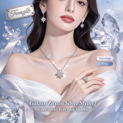 ✨Femglb Galaxy Zircon Silver Jewelry Set, Star‑Shaped Cubic Zirconia Necklace Earrings Ring for Women, Dainty Sparkling Star Jewellery for Daily & Party