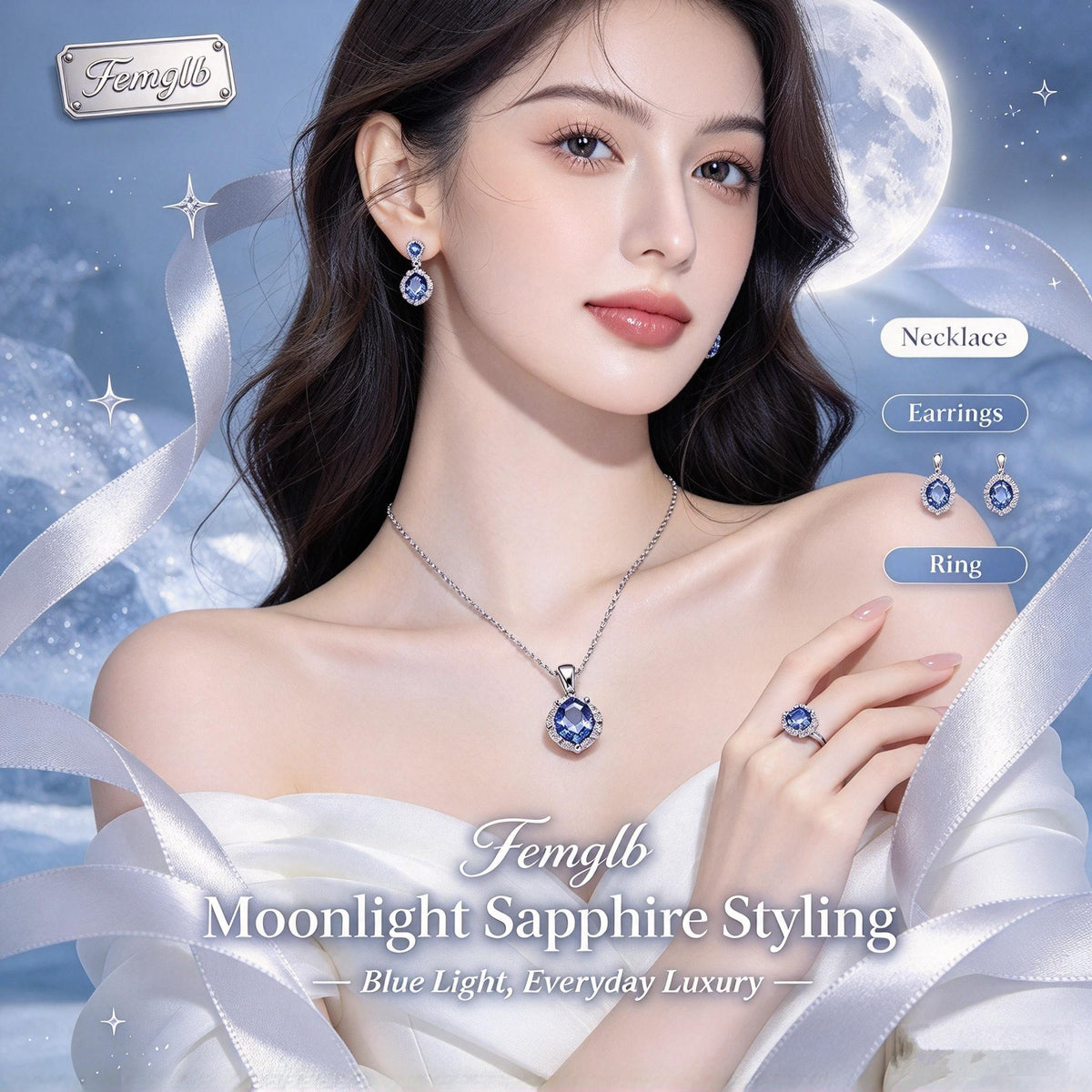 🌙Femglb Moonlight Sapphire Silver Jewelry Set, Blue Cubic Zirconia Necklace Earrings Ring for Women, Quiet Luxury Sparkling Gemstone Jewellery