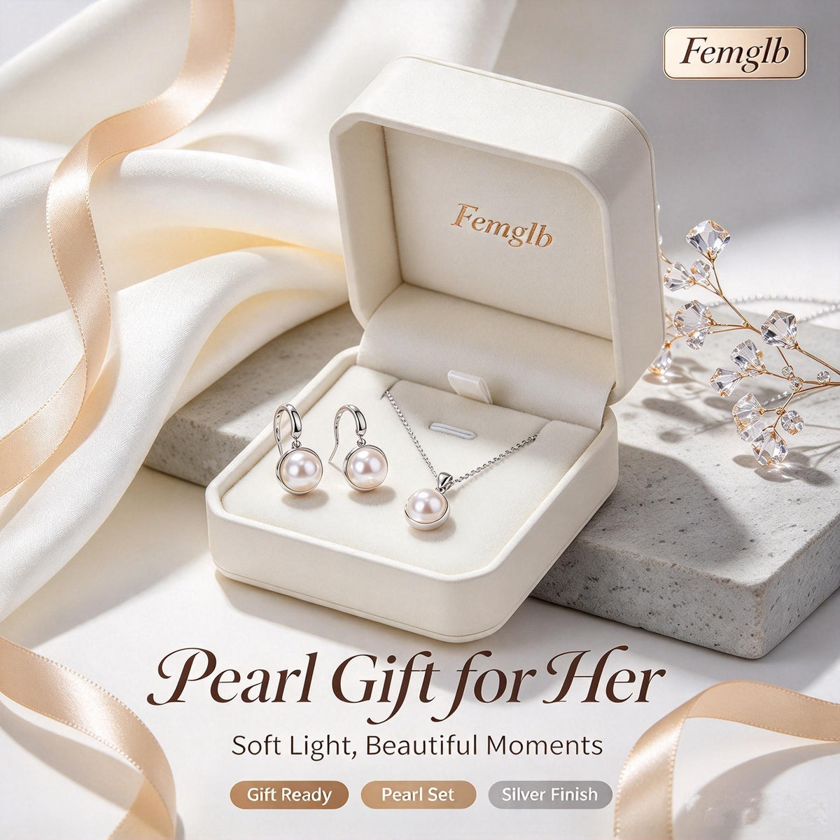 💎Femglb Women Minimalist Pearl Silver Ornaments, Smooth Round Pearl Necklace & Huggie Earrings, Perfect Birthday Holiday Gift for Her