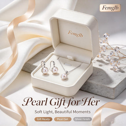 💎Femglb Women Minimalist Pearl Silver Ornaments, Smooth Round Pearl Necklace & Huggie Earrings, Perfect Birthday Holiday Gift for Her