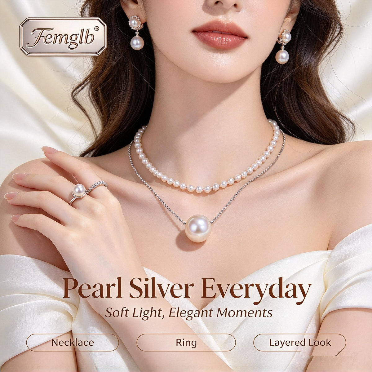 ✨Femglb 925 Sterling Silver Pearl Collection, Dainty Freshwater Pearl Pendant, Bangle, Earrings & Ring Set, Elegant Minimal Accessories for Ladies