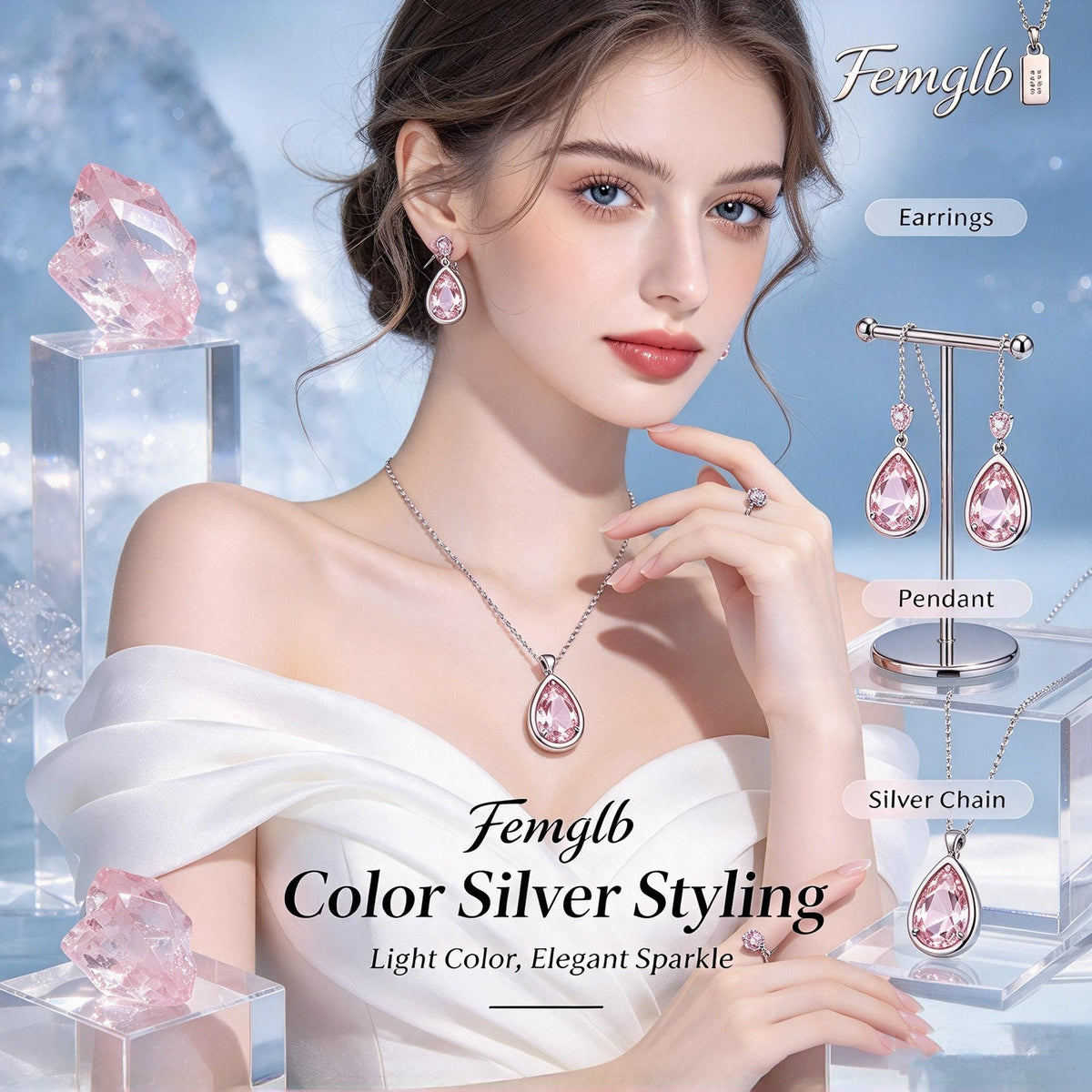 💖Femglb Color Drop Silver Jewelry Set, Teardrop‑Shaped Pink Cubic Zirconia Pendant Necklace & Dangle Earrings, Sparkling Elegant Jewellery for Women