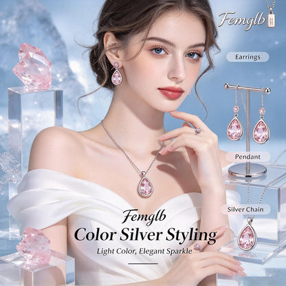 💖Femglb Color Drop Silver Jewelry Set, Teardrop‑Shaped Pink Cubic Zirconia Pendant Necklace & Dangle Earrings, Sparkling Elegant Jewellery for Women