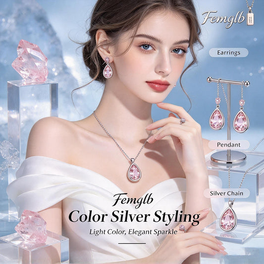 💖Femglb Color Drop Silver Jewelry Set, Teardrop‑Shaped Pink Cubic Zirconia Pendant Necklace & Dangle Earrings, Sparkling Elegant Jewellery for Women