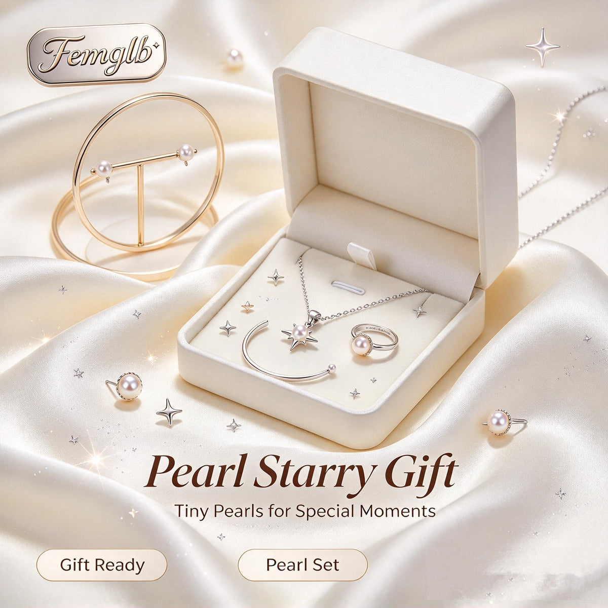 ⭐Femglb Pearl Starry Silver Jewelry Set, 925 Silver Mini Freshwater Pearl Star Necklace Open Bangle Stud Earrings Ring, Soft Sparkle Jewellery for Women