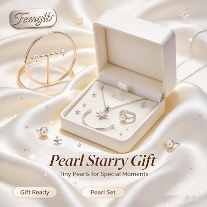 ⭐Femglb Pearl Starry Silver Jewelry Set, 925 Silver Mini Freshwater Pearl Star Necklace Open Bangle Stud Earrings Ring, Soft Sparkle Jewellery for Women