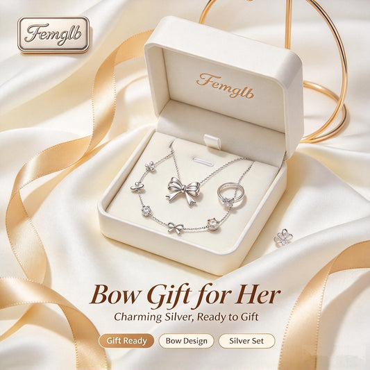 🎀Femglb Bow Silver Essentials 925 Silver Jewelry Set, Bow‑Shaped Pendant Necklace Bracelet Stud Earrings Ring, Delicate Everyday Charm Jewellery for Women