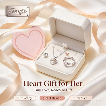 💗Femglb Heart Silver Essentials 925 Silver Jewelry Set, Hollow Double‑Heart Pendant Necklace Stud Earrings Ring, Minimal Love Dainty Jewellery for Women