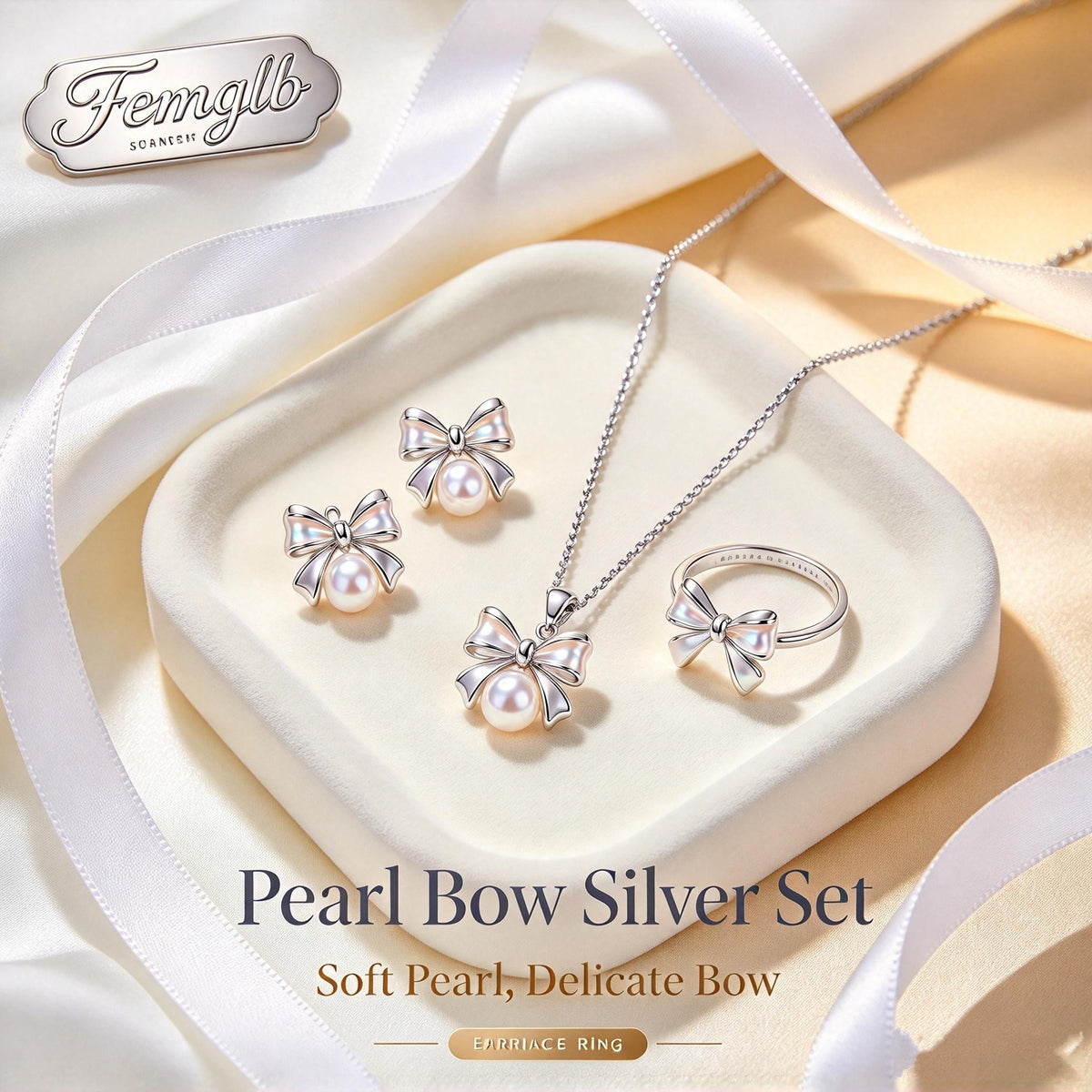 ✨Femglb Delicate Bow‑Pearl 925 Sterling Silver Collection, Bow Pearl Necklace Earrings & Ring, Elegant Romantic Daily Accessories for Ladies