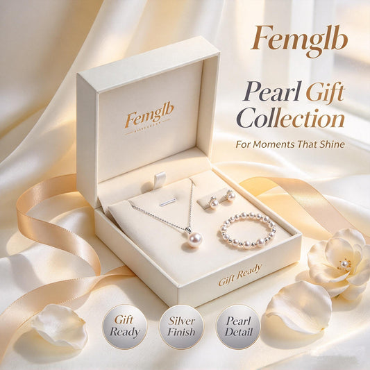 ✨Femglb Pearl Silver Jewelry Collection, Elegant Freshwater Pearl Necklace Ring Bracelet Earrings Set, Timeless Daily Wear Pearl Jewellery for Women Gift