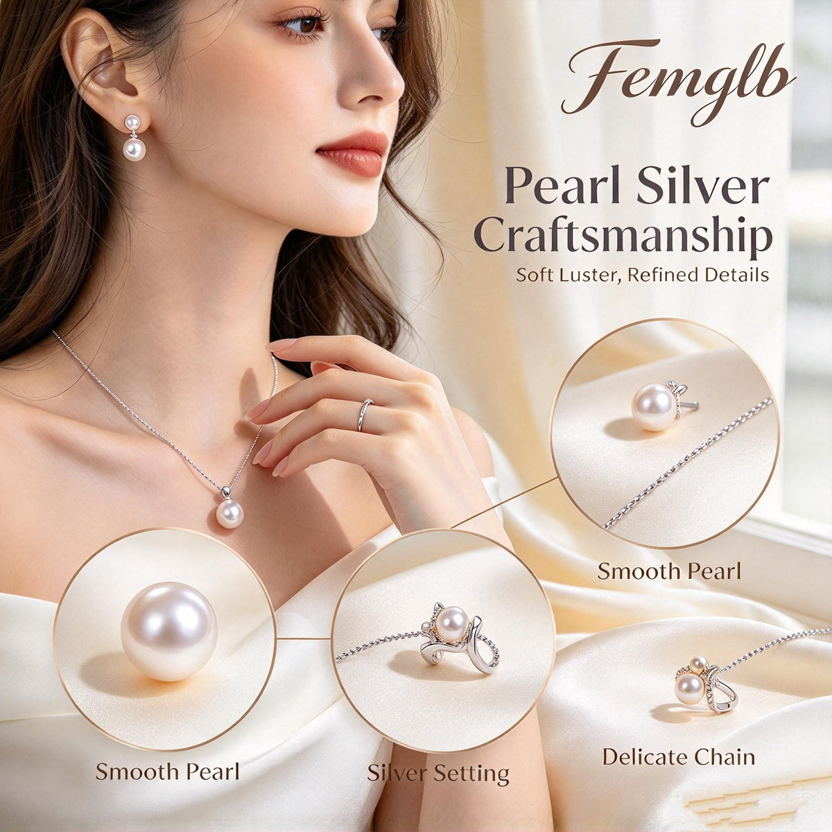 🤍Femglb Pearl Silver Essentials, Elegant Freshwater Pearl Jewelry Set, Dainty Necklace Drop Earrings Ring for Women, Timeless Everyday Luxury Jewellery