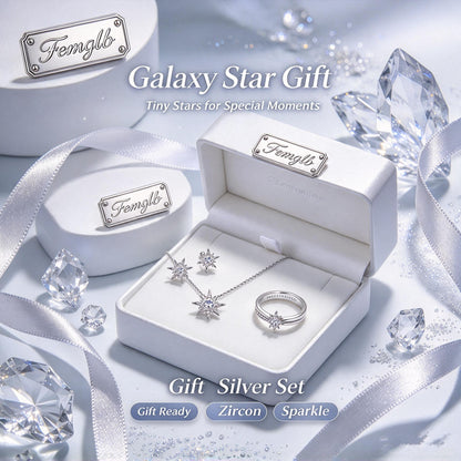 ✨Femglb Galaxy Zircon Silver Jewelry Set, Star‑Shaped Cubic Zirconia Necklace Earrings Ring for Women, Dainty Sparkling Star Jewellery for Daily & Party