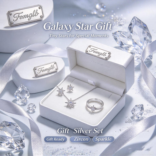 ✨Femglb Galaxy Zircon Silver Jewelry Set, Star‑Shaped Cubic Zirconia Necklace Earrings Ring for Women, Dainty Sparkling Star Jewellery for Daily & Party
