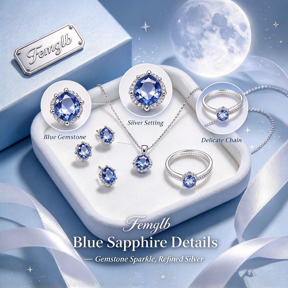 🌙Femglb Moonlight Sapphire Silver Jewelry Set, Blue Cubic Zirconia Necklace Earrings Ring for Women, Quiet Luxury Sparkling Gemstone Jewellery