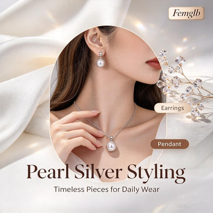 💎Femglb Women Minimalist Pearl Silver Ornaments, Smooth Round Pearl Necklace & Huggie Earrings, Perfect Birthday Holiday Gift for Her