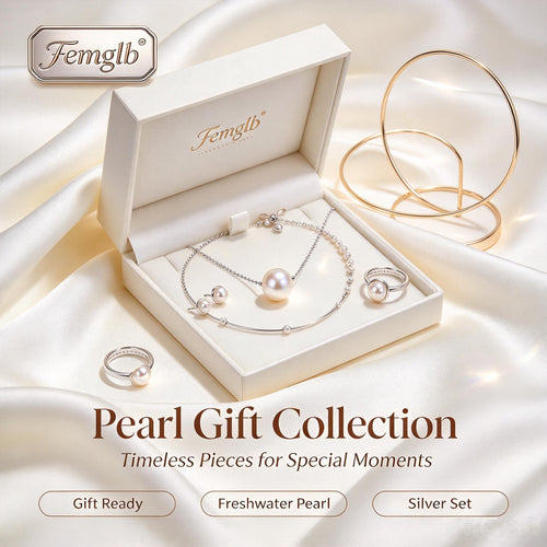 ✨Femglb 925 Sterling Silver Pearl Collection, Dainty Freshwater Pearl Pendant, Bangle, Earrings & Ring Set, Elegant Minimal Accessories for Ladies