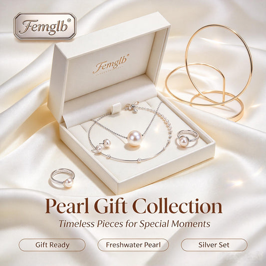 ✨Femglb 925 Sterling Silver Pearl Collection, Dainty Freshwater Pearl Pendant, Bangle, Earrings & Ring Set, Elegant Minimal Accessories for Ladies