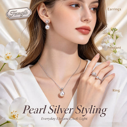 ✨Femglb Classic Freshwater Pearl Silver‑Tone Jewelry Kit, Dainty Pearl Necklace Two‑Style Earrings & Minimal Ring, Timeless Accessories for Ladies