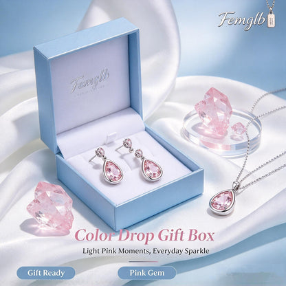 💖Femglb Color Drop Silver Jewelry Set, Teardrop‑Shaped Pink Cubic Zirconia Pendant Necklace & Dangle Earrings, Sparkling Elegant Jewellery for Women