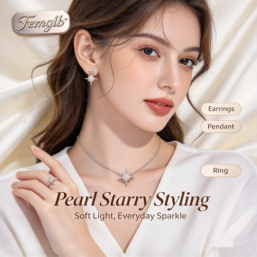 ⭐Femglb Pearl Starry Silver Jewelry Set, 925 Silver Mini Freshwater Pearl Star Necklace Open Bangle Stud Earrings Ring, Soft Sparkle Jewellery for Women