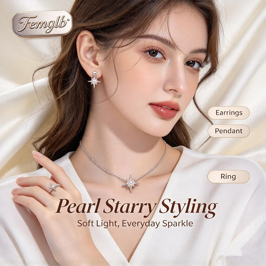 ⭐Femglb Pearl Starry Silver Jewelry Set, 925 Silver Mini Freshwater Pearl Star Necklace Open Bangle Stud Earrings Ring, Soft Sparkle Jewellery for Women