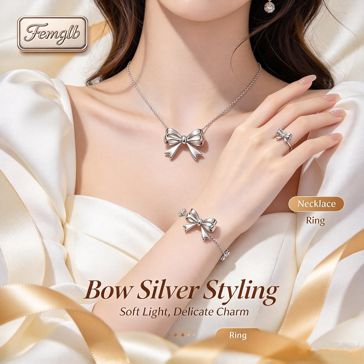 🎀Femglb Bow Silver Essentials 925 Silver Jewelry Set, Bow‑Shaped Pendant Necklace Bracelet Stud Earrings Ring, Delicate Everyday Charm Jewellery for Women