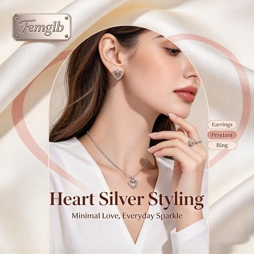 💗Femglb Heart Silver Essentials 925 Silver Jewelry Set, Hollow Double‑Heart Pendant Necklace Stud Earrings Ring, Minimal Love Dainty Jewellery for Women