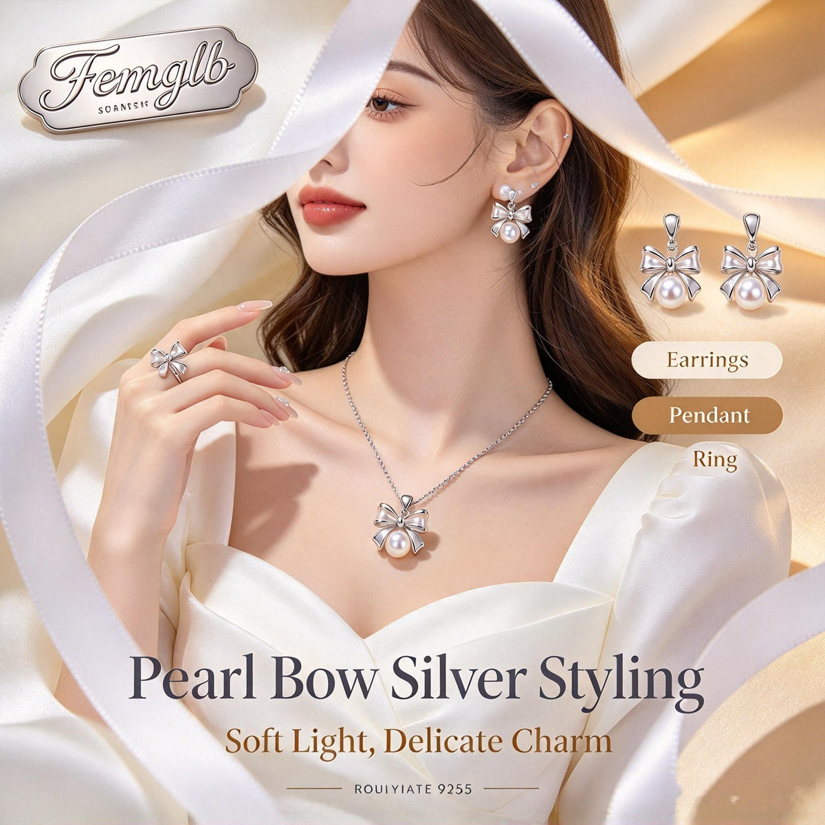 ✨Femglb Delicate Bow‑Pearl 925 Sterling Silver Collection, Bow Pearl Necklace Earrings & Ring, Elegant Romantic Daily Accessories for Ladies