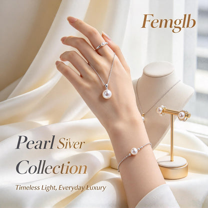 ✨Femglb Pearl Silver Jewelry Collection, Elegant Freshwater Pearl Necklace Ring Bracelet Earrings Set, Timeless Daily Wear Pearl Jewellery for Women Gift