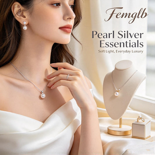🤍Femglb Pearl Silver Essentials, Elegant Freshwater Pearl Jewelry Set, Dainty Necklace Drop Earrings Ring for Women, Timeless Everyday Luxury Jewellery