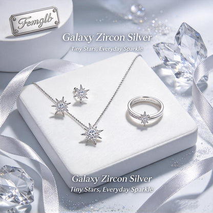 ✨Femglb Galaxy Zircon Silver Jewelry Set, Star‑Shaped Cubic Zirconia Necklace Earrings Ring for Women, Dainty Sparkling Star Jewellery for Daily & Party