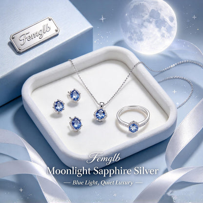 🌙Femglb Moonlight Sapphire Silver Jewelry Set, Blue Cubic Zirconia Necklace Earrings Ring for Women, Quiet Luxury Sparkling Gemstone Jewellery