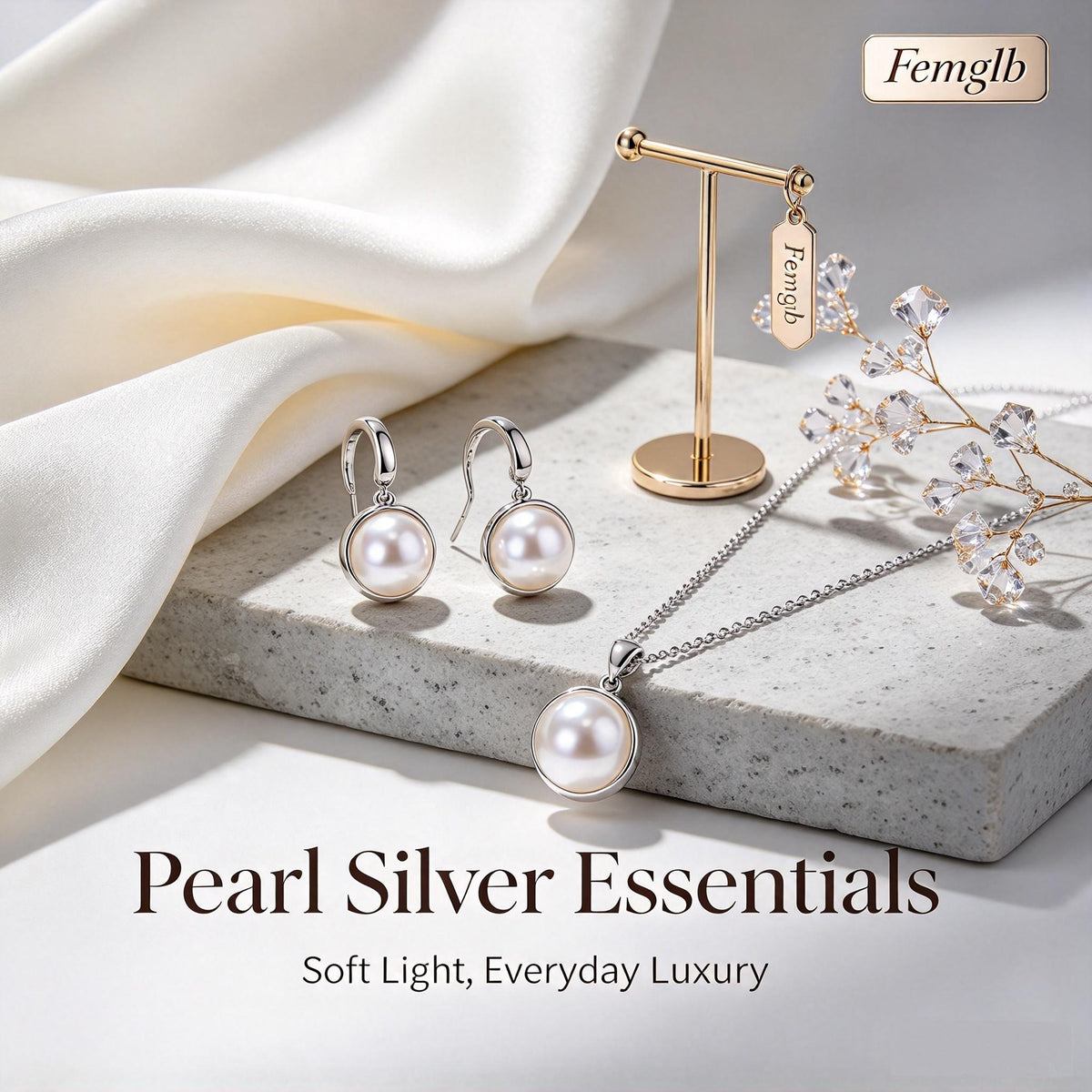 💎Femglb Women Minimalist Pearl Silver Ornaments, Smooth Round Pearl Necklace & Huggie Earrings, Perfect Birthday Holiday Gift for Her