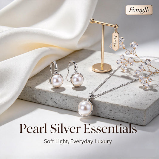 💎Femglb Women Minimalist Pearl Silver Ornaments, Smooth Round Pearl Necklace & Huggie Earrings, Perfect Birthday Holiday Gift for Her