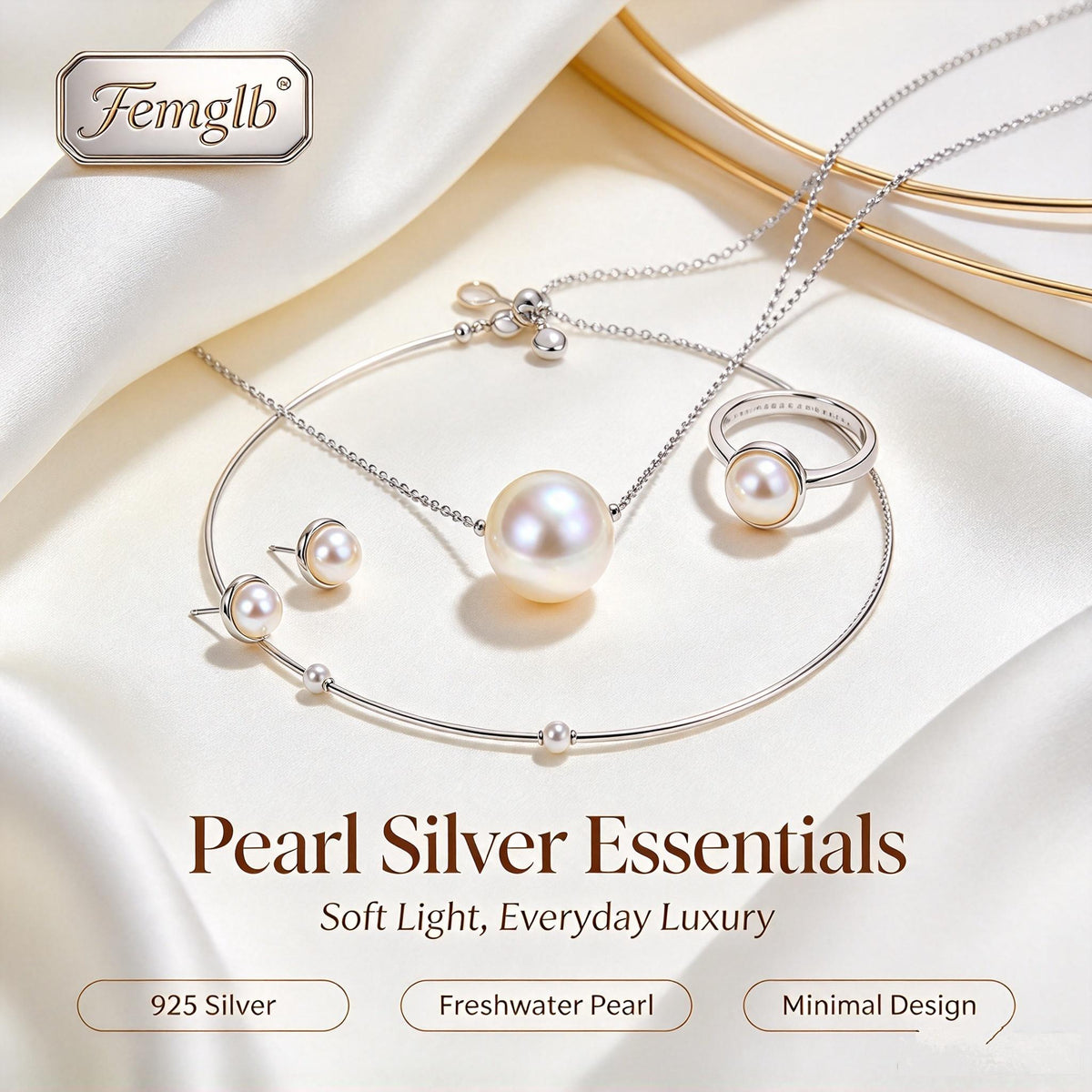 ✨Femglb 925 Sterling Silver Pearl Collection, Dainty Freshwater Pearl Pendant, Bangle, Earrings & Ring Set, Elegant Minimal Accessories for Ladies
