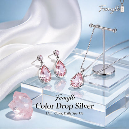 💖Femglb Color Drop Silver Jewelry Set, Teardrop‑Shaped Pink Cubic Zirconia Pendant Necklace & Dangle Earrings, Sparkling Elegant Jewellery for Women