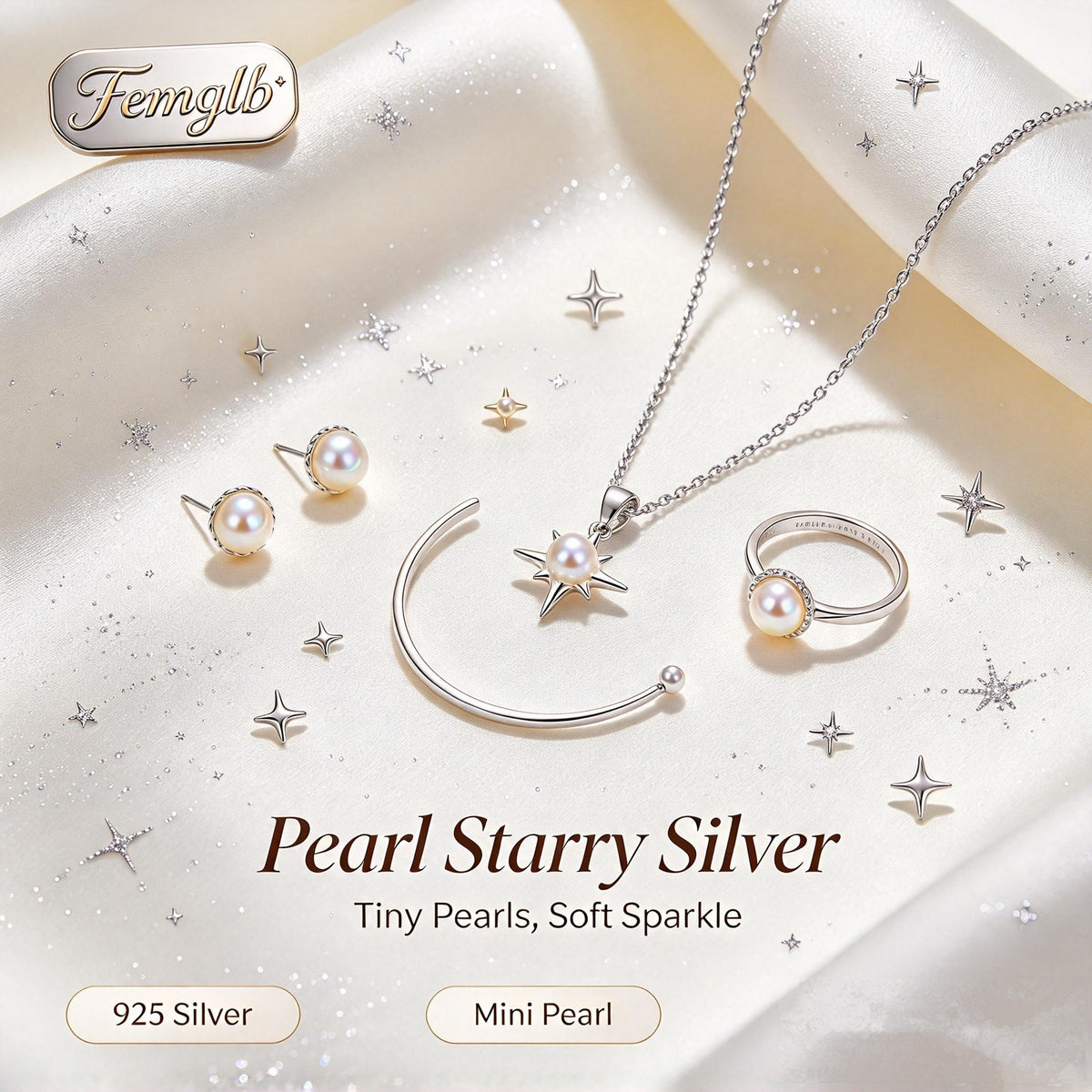 ⭐Femglb Pearl Starry Silver Jewelry Set, 925 Silver Mini Freshwater Pearl Star Necklace Open Bangle Stud Earrings Ring, Soft Sparkle Jewellery for Women