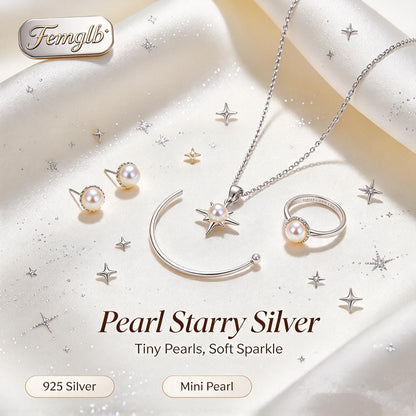 ⭐Femglb Pearl Starry Silver Jewelry Set, 925 Silver Mini Freshwater Pearl Star Necklace Open Bangle Stud Earrings Ring, Soft Sparkle Jewellery for Women