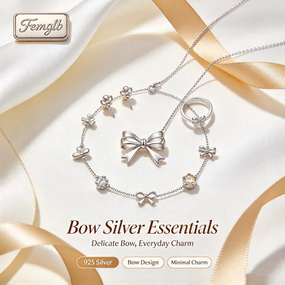 🎀Femglb Bow Silver Essentials 925 Silver Jewelry Set, Bow‑Shaped Pendant Necklace Bracelet Stud Earrings Ring, Delicate Everyday Charm Jewellery for Women