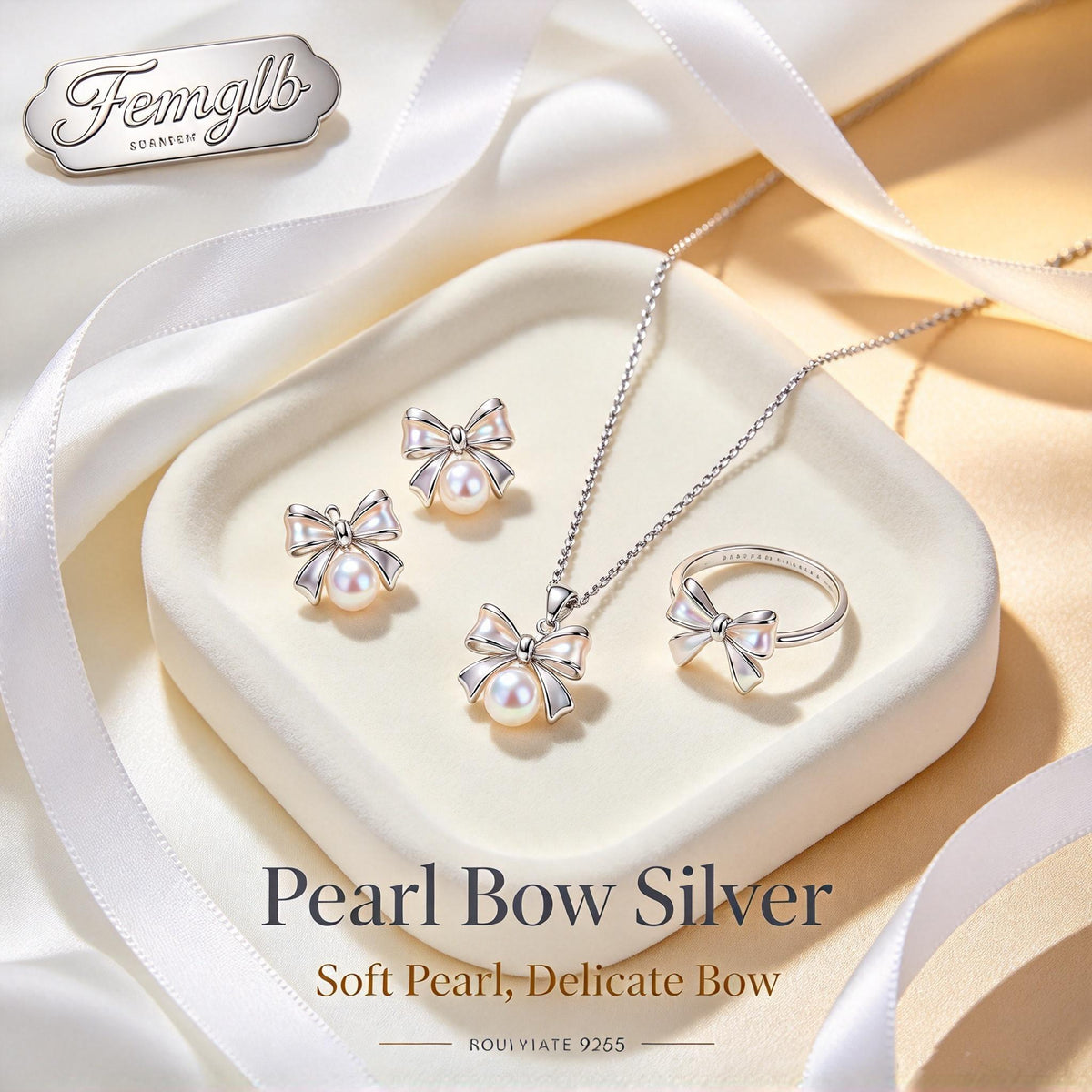 ✨Femglb Delicate Bow‑Pearl 925 Sterling Silver Collection, Bow Pearl Necklace Earrings & Ring, Elegant Romantic Daily Accessories for Ladies