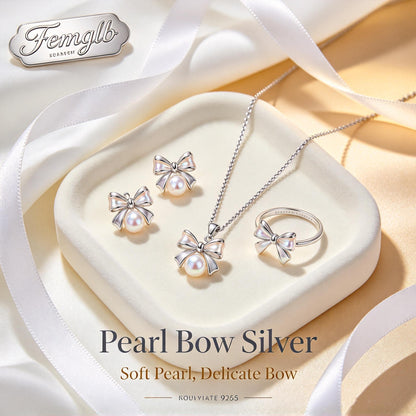 ✨Femglb Delicate Bow‑Pearl 925 Sterling Silver Collection, Bow Pearl Necklace Earrings & Ring, Elegant Romantic Daily Accessories for Ladies
